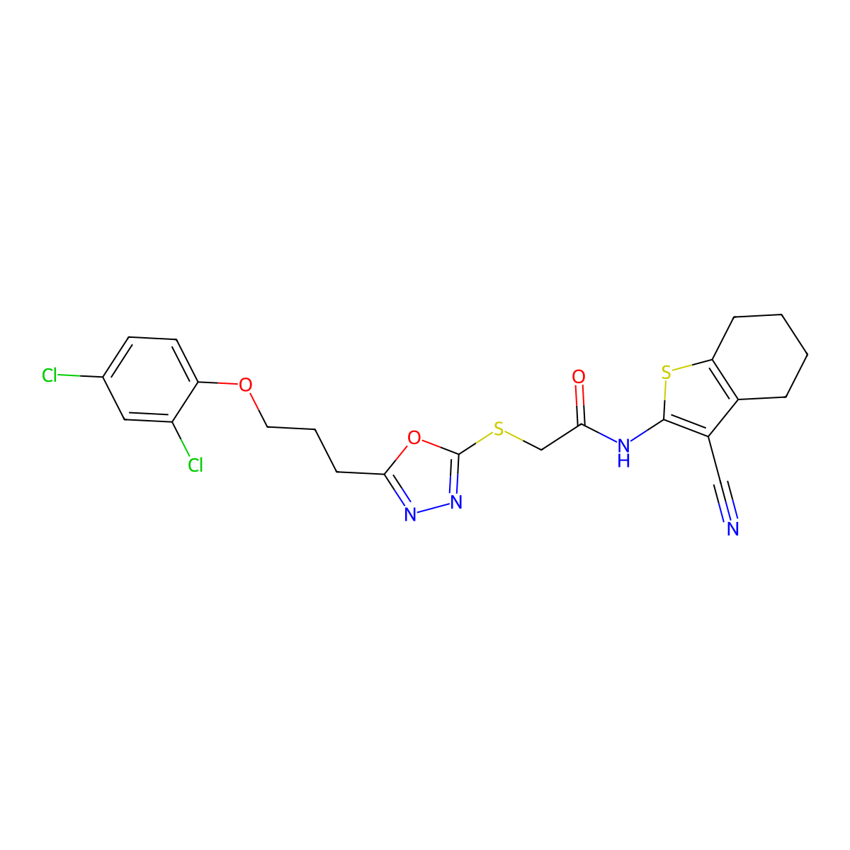 N-(3-cyano-4,5,6,7-tetrahydro-1-benzothiophen-2-yl)-2-({5-[3-(2,4-dichlorophenoxy)propyl]-1,3,4-oxadiazol-2-yl}sulfanyl)acetamide molecular structure, CAS 708992-23-8