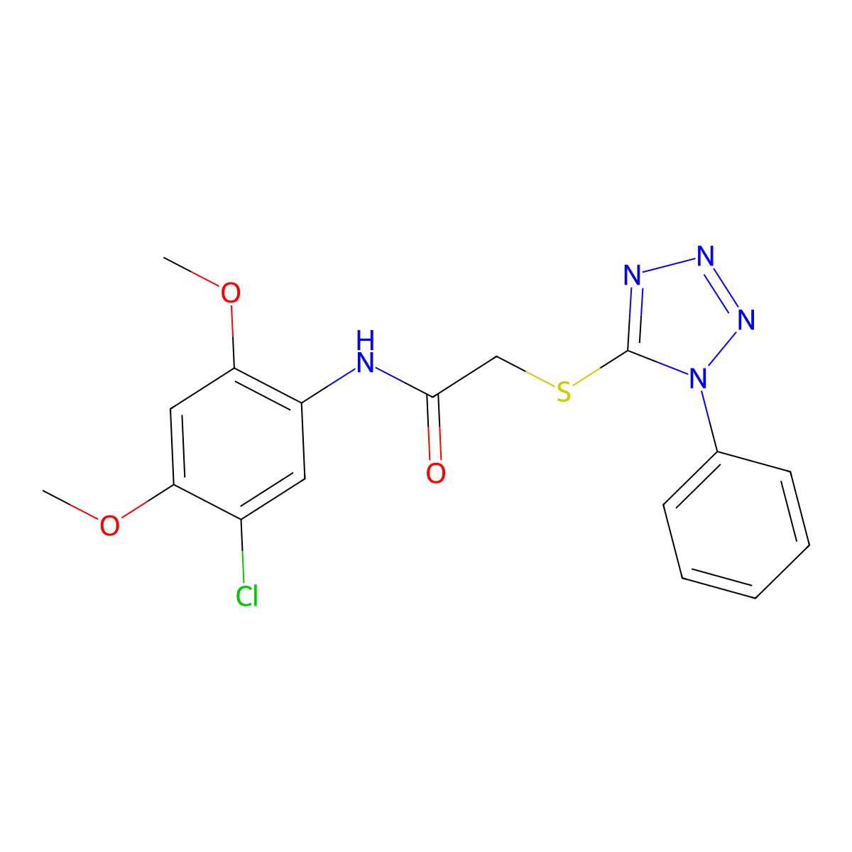 N-(5-chloro-2,4-dimethoxyphenyl)-2-(1-phenyltetrazol-5-yl)sulfanylacetamide molecular structure, CAS 708992-92-1