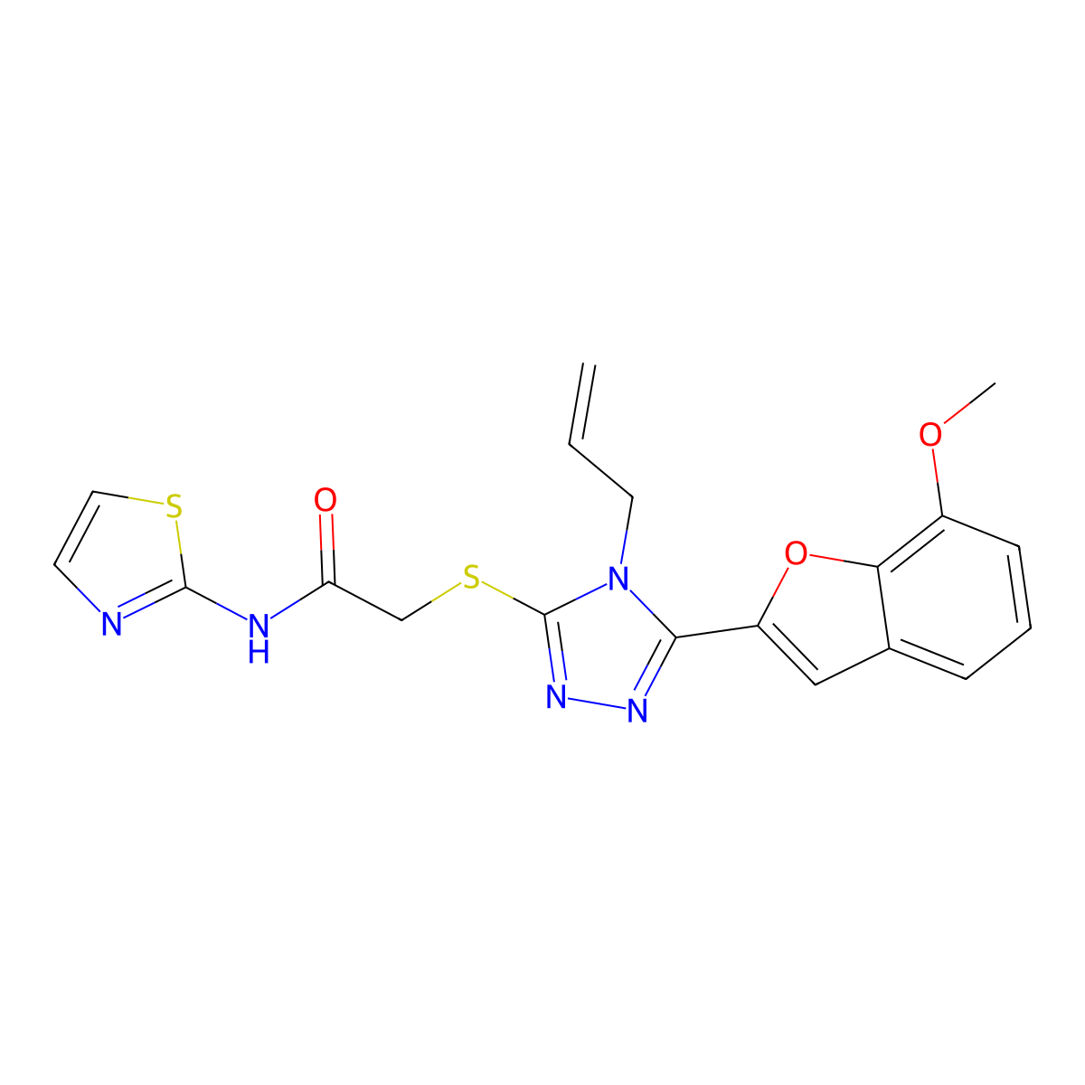 2-[[5-(7-methoxy-1-benzofuran-2-yl)-4-prop-2-enyl-1,2,4-triazol-3-yl]sulfanyl]-N-(1,3-thiazol-2-yl)acetamide molecular structure, CAS 708993-19-5