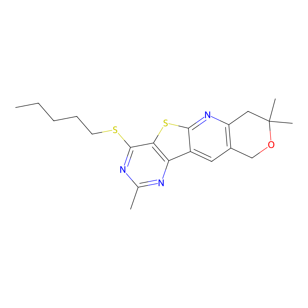 2,8,8-trimethyl-4-(pentylsulfanyl)-7,10-dihydro-8H-pyrano[3'',4'':5',6']pyrido[3',2':4,5]thieno[3,2-d]pyrimidine molecular structure, CAS 708993-61-7