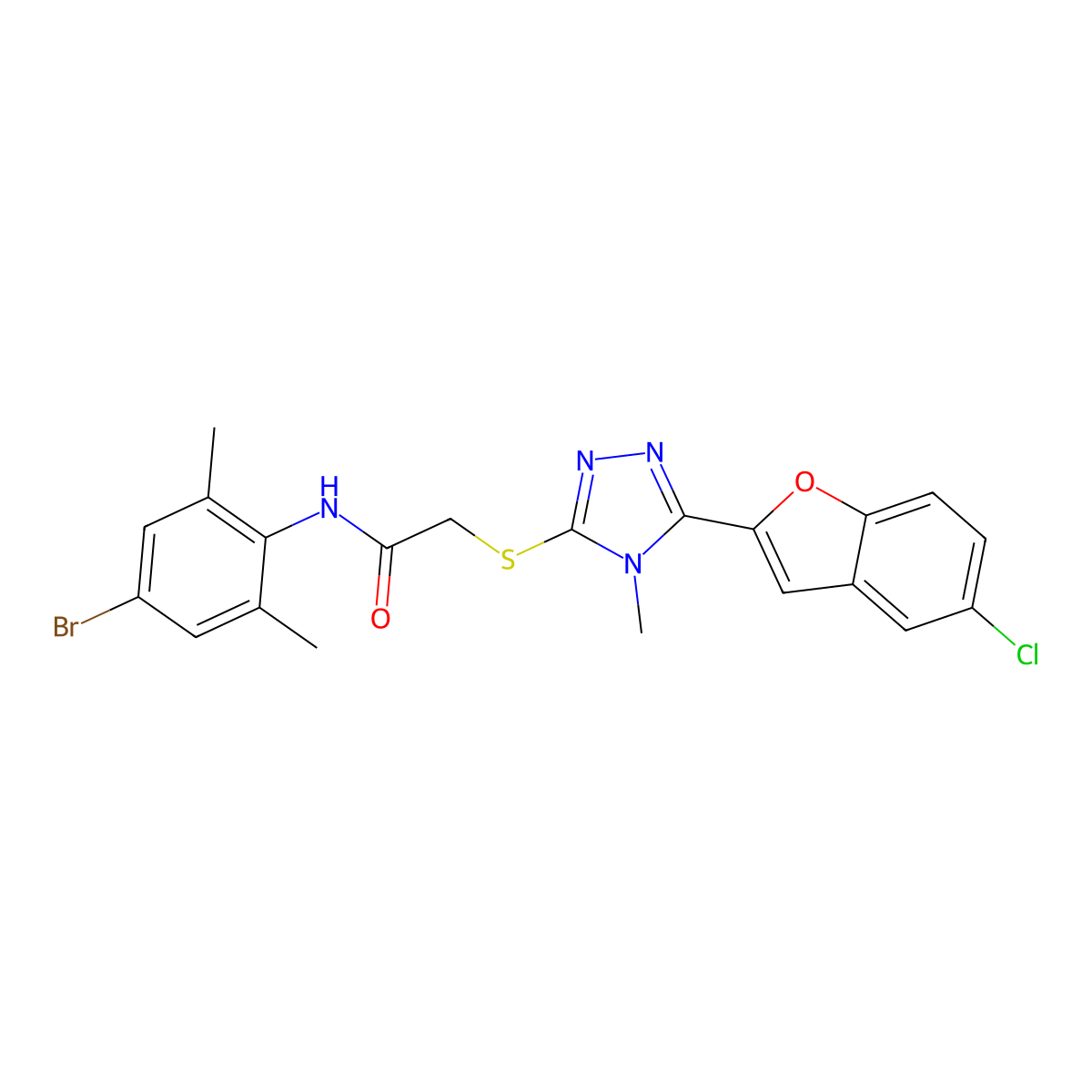 N-(4-bromo-2,6-dimethylphenyl)-2-[[5-(5-chloro-1-benzofuran-2-yl)-4-methyl-1,2,4-triazol-3-yl]sulfanyl]acetamide molecular structure, CAS 708993-78-6