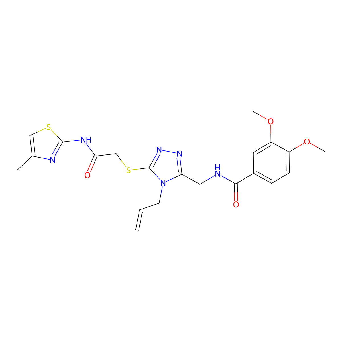 3,4-dimethoxy-N-[[5-[2-[(4-methyl-1,3-thiazol-2-yl)amino]-2-oxoethyl]sulfanyl-4-prop-2-enyl-1,2,4-triazol-3-yl]methyl]benzamide molecular structure, CAS 708993-81-1