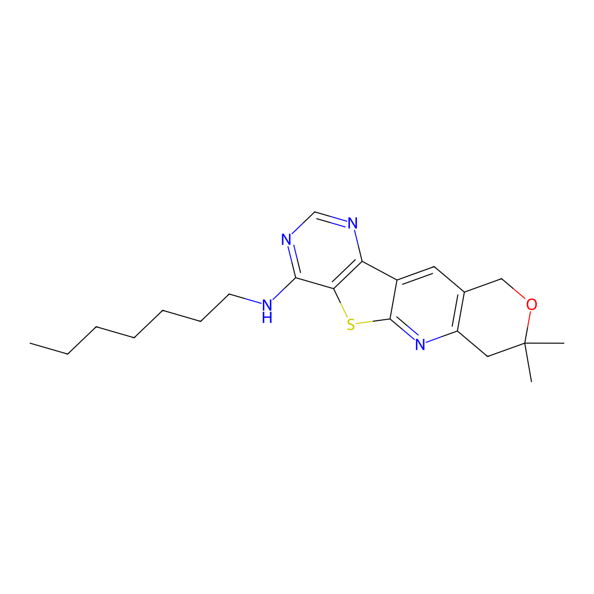 N-heptyl-8,8-dimethyl-8,10-dihydro-7H-pyrano[3'',4'':5',6']pyrido[3',2':4,5]thieno[3,2-d]pyrimidin-4-amine molecular structure, CAS 708994-07-4