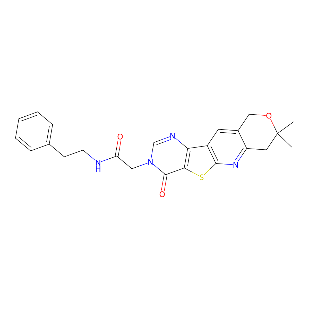 2-(8,8-dimethyl-4-oxo-4,7,8,10-tetrahydro-3H-pyrano[3'',4'':5',6']pyrido[3',2':4,5]thieno[3,2-d]pyrimidin-3-yl)-N-phenethylacetamide molecular structure, CAS 708995-75-9