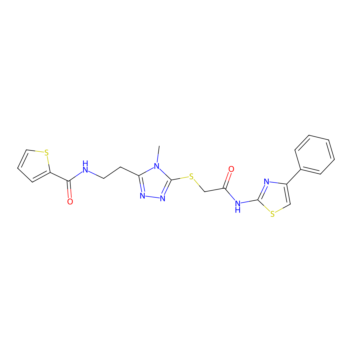 N-[2-[4-methyl-5-[2-oxo-2-[(4-phenyl-1,3-thiazol-2-yl)amino]ethyl]sulfanyl-1,2,4-triazol-3-yl]ethyl]thiophene-2-carboxamide molecular structure, CAS 708995-84-0