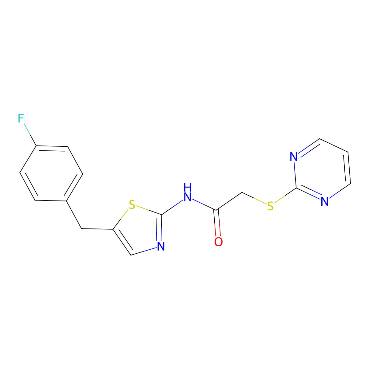 N-[5-[(4-fluorophenyl)methyl]-1,3-thiazol-2-yl]-2-pyrimidin-2-ylsulfanylacetamide molecular structure, CAS 708996-13-8
