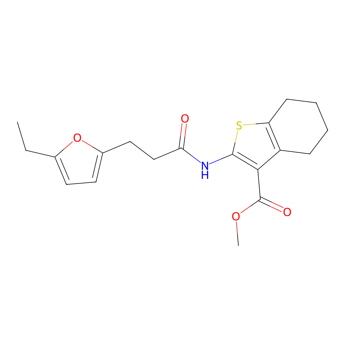 Methyl 2-(3-(5-ethylfuran-2-yl)propanamido)-4,5,6,7-tetrahydrobenzo[b]thiophene-3-carboxylate molecular structure, CAS 708996-18-3