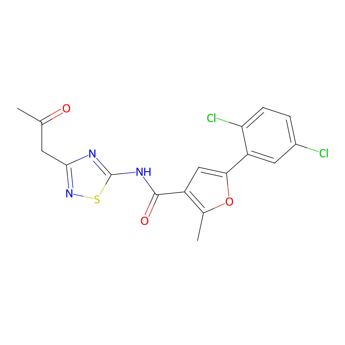 5-(2,5-dichlorophenyl)-2-methyl-N-[3-(2-oxopropyl)-1,2,4-thiadiazol-5-yl]furan-3-carboxamide molecular structure, CAS 708996-70-7