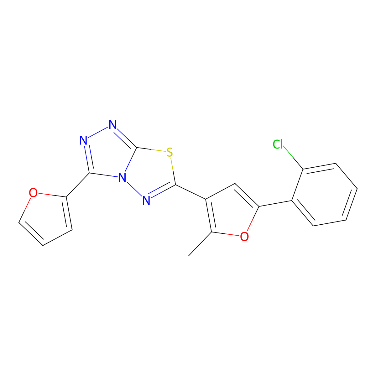 6-[5-(2-Chlorophenyl)-2-methylfuran-3-yl]-3-(furan-2-yl)-[1,2,4]triazolo[3,4-b][1,3,4]thiadiazole molecular structure, CAS 708996-92-3
