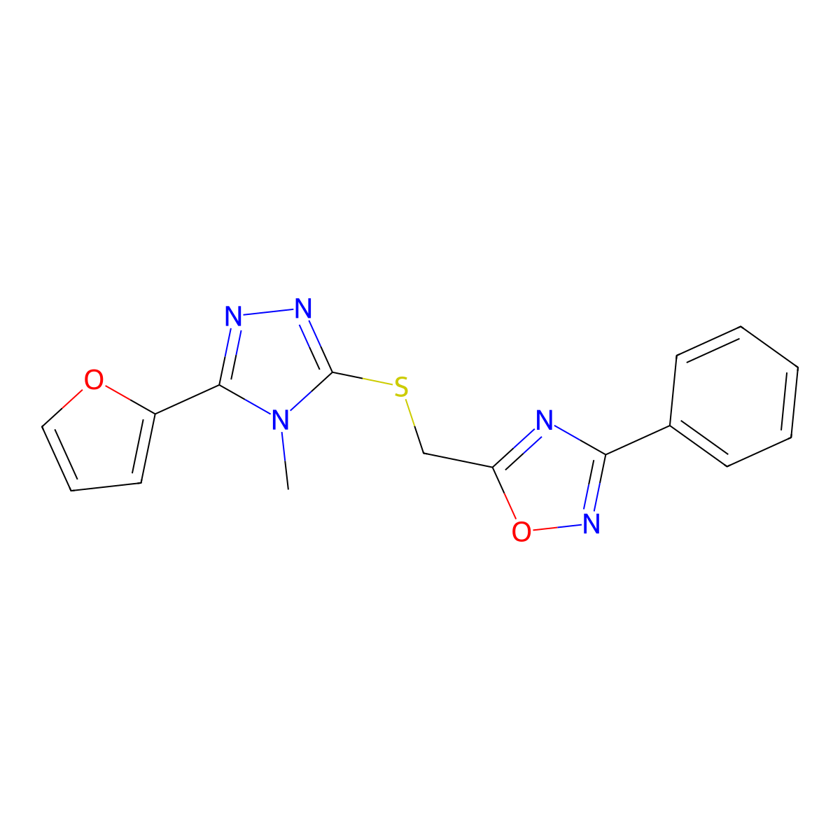 5-[[5-(Furan-2-yl)-4-methyl-1,2,4-triazol-3-yl]sulfanylmethyl]-3-phenyl-1,2,4-oxadiazole molecular structure, CAS 708997-25-5