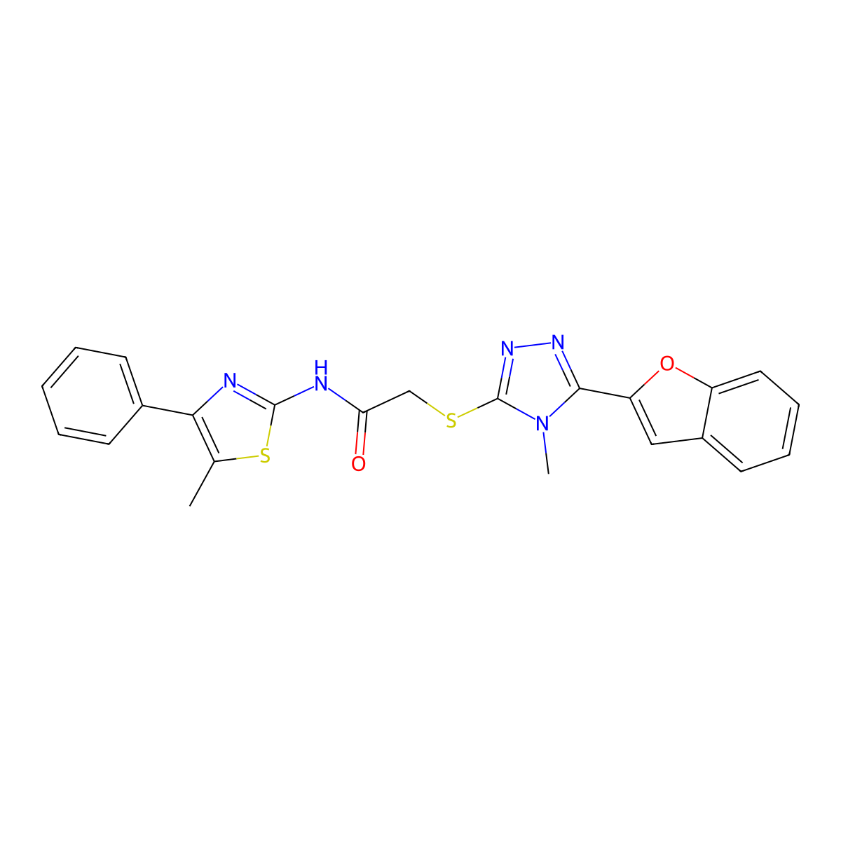 2-[[5-(1-benzofuran-2-yl)-4-methyl-1,2,4-triazol-3-yl]sulfanyl]-N-(5-methyl-4-phenyl-1,3-thiazol-2-yl)acetamide molecular structure, CAS 708997-45-9