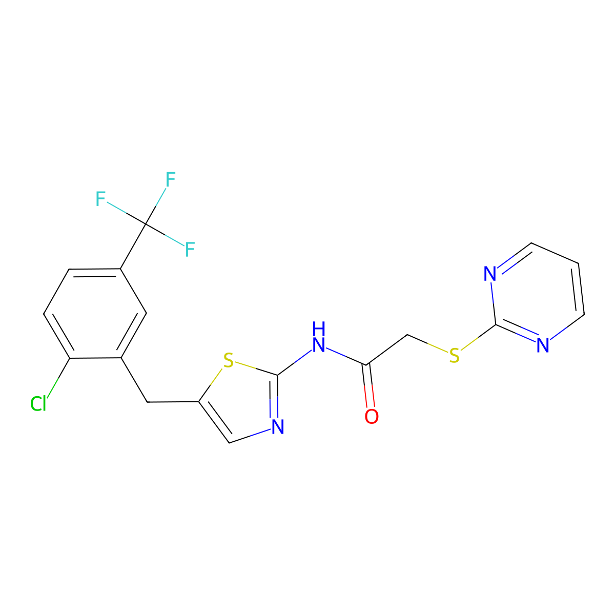 N-[5-[[2-chloro-5-(trifluoromethyl)phenyl]methyl]-1,3-thiazol-2-yl]-2-pyrimidin-2-ylsulfanylacetamide molecular structure, CAS 708997-60-8
