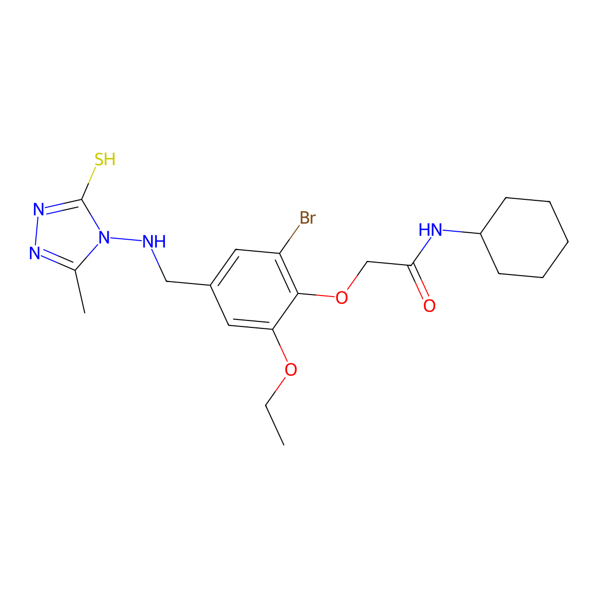 2-(2-bromo-6-ethoxy-4-{[(3-methyl-5-sulfanyl-4H-1,2,4-triazol-4-yl)amino]methyl}phenoxy)-N-cyclohexylacetamide molecular structure, CAS 708997-92-6