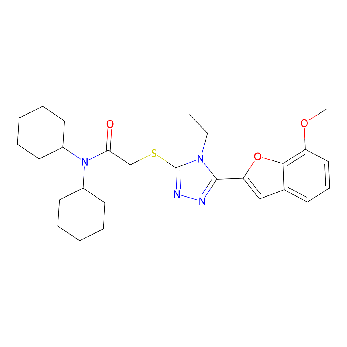 N,N-dicyclohexyl-2-[[4-ethyl-5-(7-methoxy-1-benzofuran-2-yl)-1,2,4-triazol-3-yl]sulfanyl]acetamide molecular structure, CAS 708998-05-4
