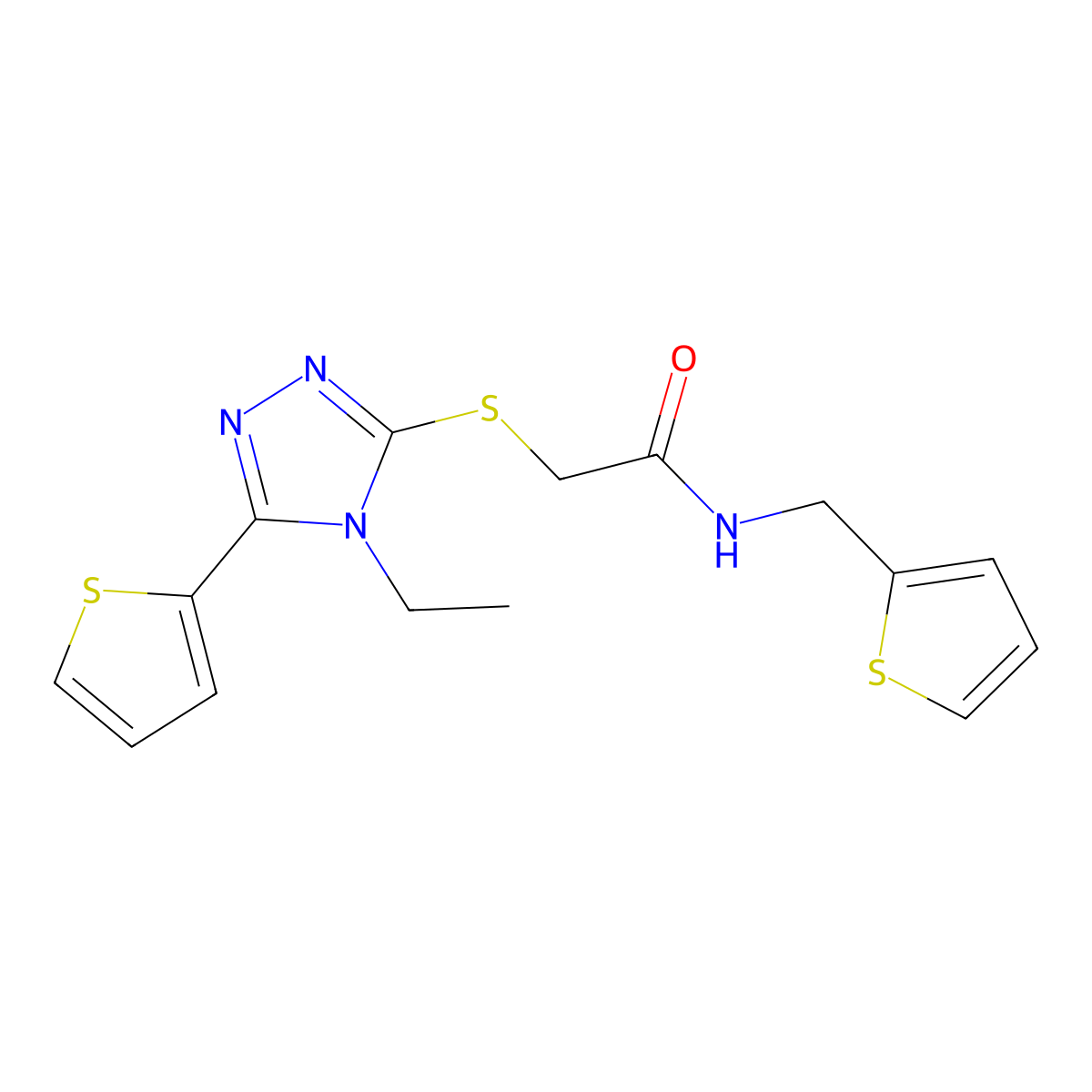 2-[(4-ethyl-5-thiophen-2-yl-1,2,4-triazol-3-yl)sulfanyl]-N-(thiophen-2-ylmethyl)acetamide molecular structure, CAS 708998-54-3