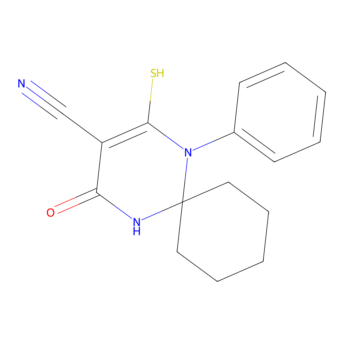 4-Oxo-1-phenyl-2-sulfanyl-1,5-diazaspiro[5.5]undec-2-ene-3-carbonitrile molecular structure, CAS 708998-62-3