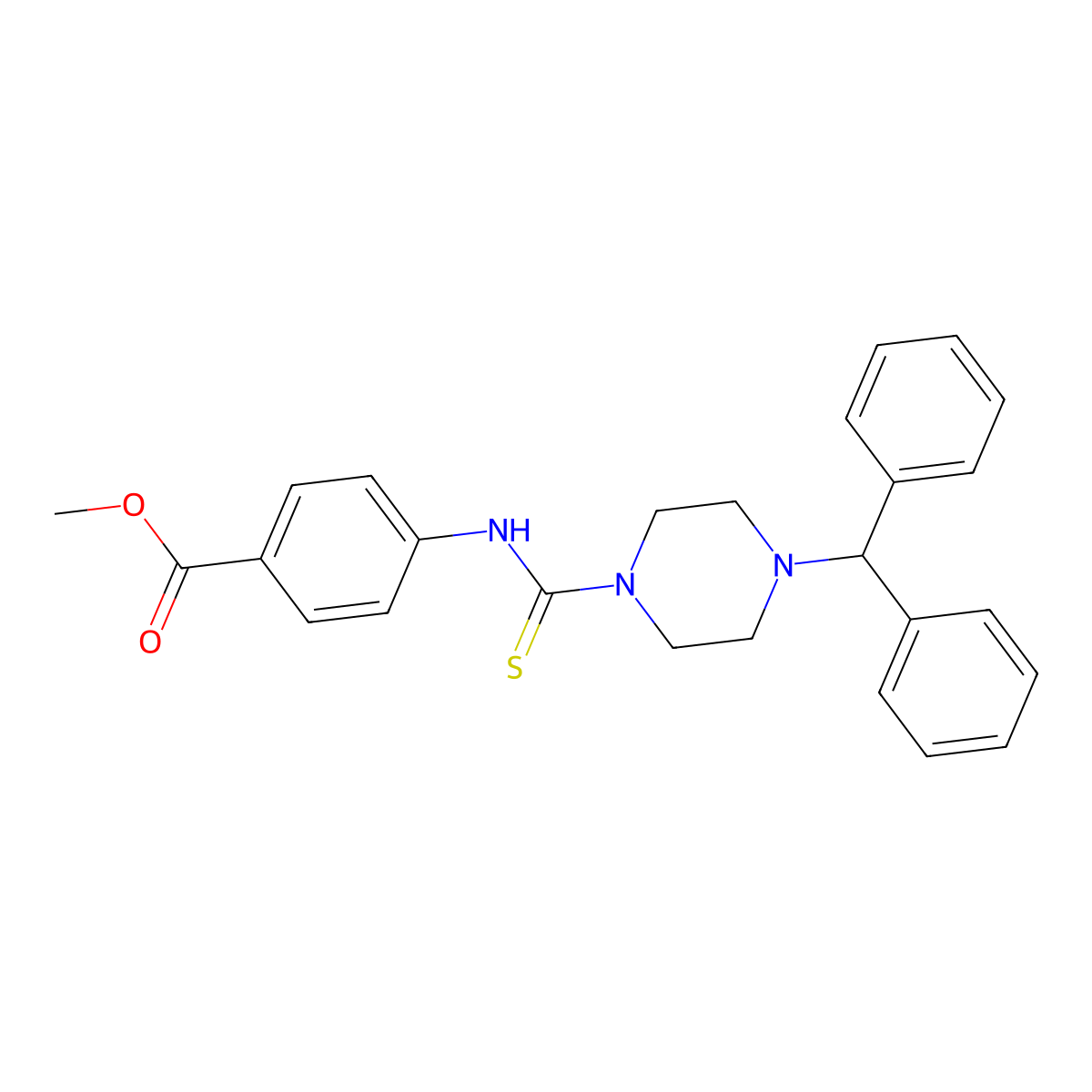 Methyl 4-({[4-(diphenylmethyl)piperazinyl]thioxomethyl}amino)benzoate molecular structure, CAS 708998-81-6