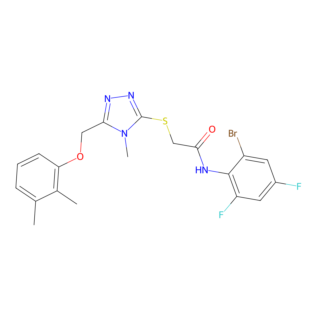 N-(2-bromo-4,6-difluorophenyl)-2-[[5-[(2,3-dimethylphenoxy)methyl]-4-methyl-1,2,4-triazol-3-yl]sulfanyl]acetamide molecular structure, CAS 708998-90-7