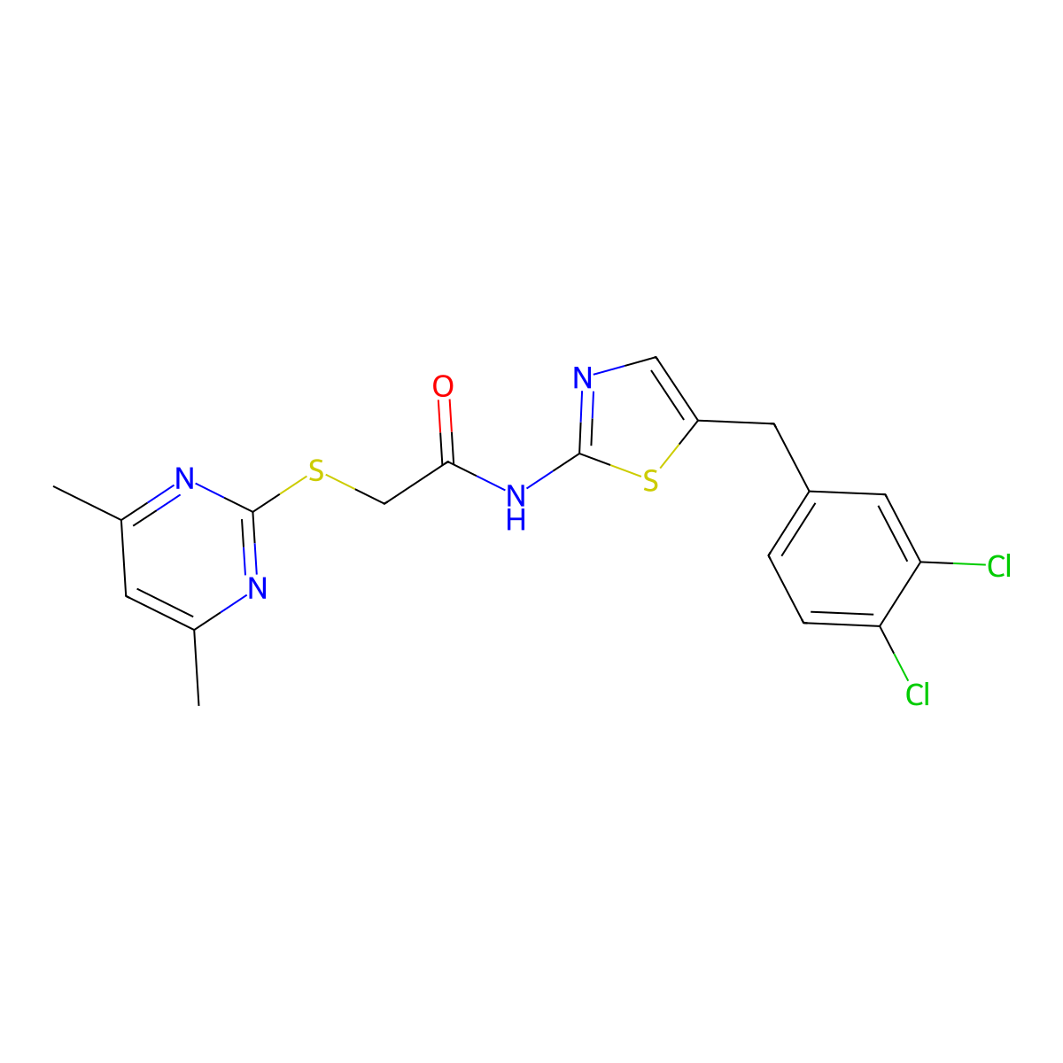N-[5-[(3,4-dichlorophenyl)methyl]-1,3-thiazol-2-yl]-2-(4,6-dimethylpyrimidin-2-yl)sulfanylacetamide molecular structure, CAS 708998-94-1