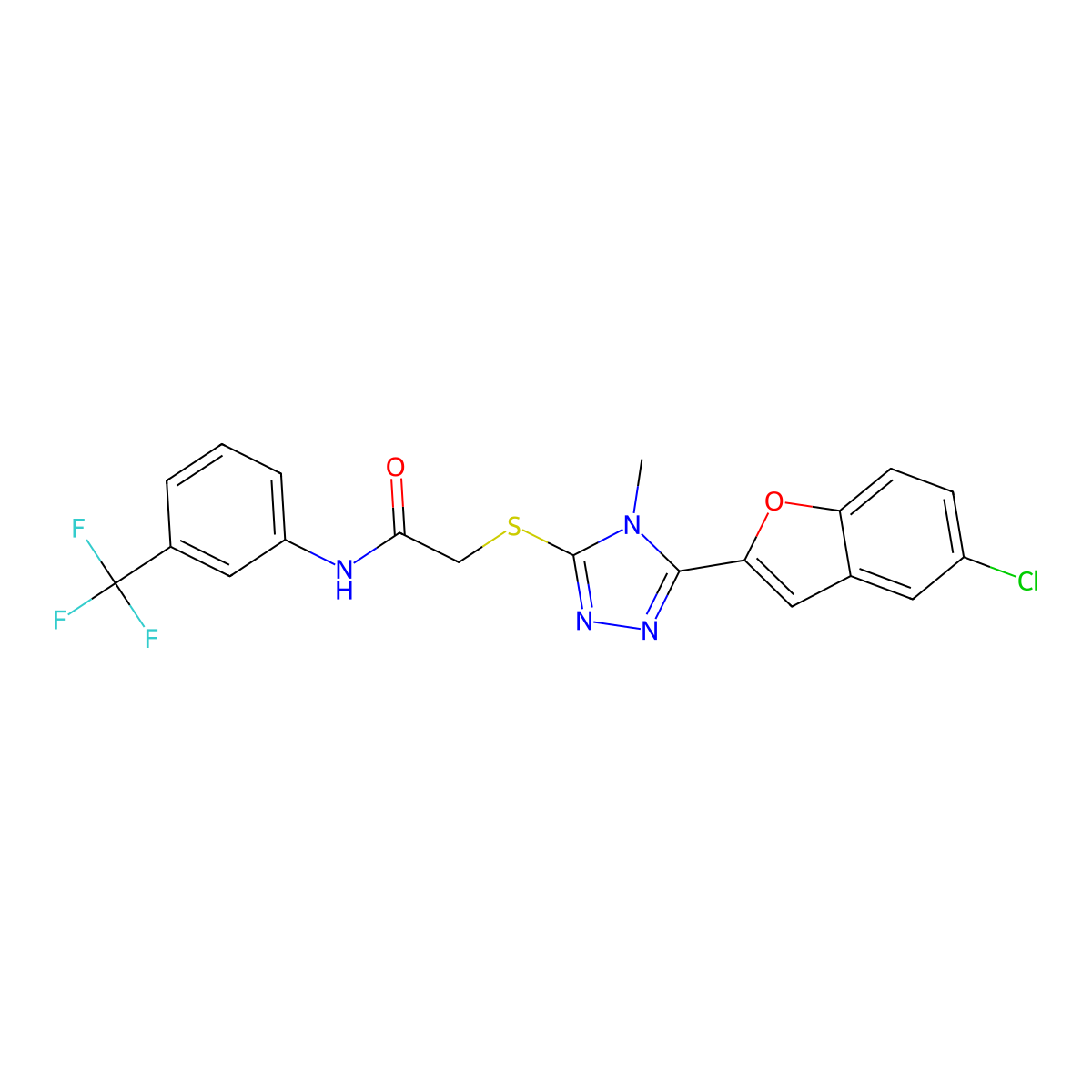 2-[[5-(5-chloro-1-benzofuran-2-yl)-4-methyl-1,2,4-triazol-3-yl]sulfanyl]-N-[3-(trifluoromethyl)phenyl]acetamide molecular structure, CAS 708999-28-4
