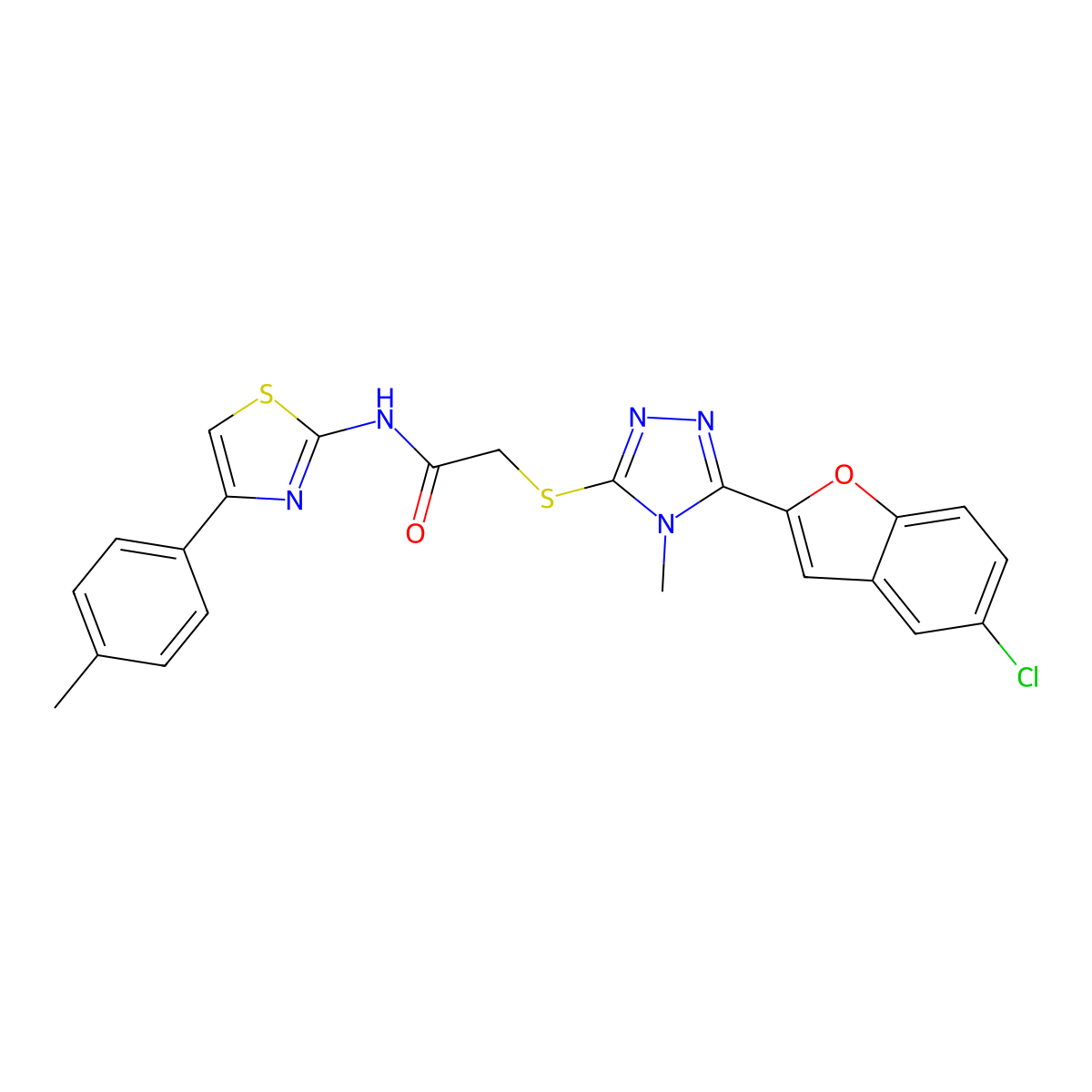 2-[[5-(5-chloro-1-benzofuran-2-yl)-4-methyl-1,2,4-triazol-3-yl]sulfanyl]-N-[4-(4-methylphenyl)-1,3-thiazol-2-yl]acetamide molecular structure, CAS 709000-15-7