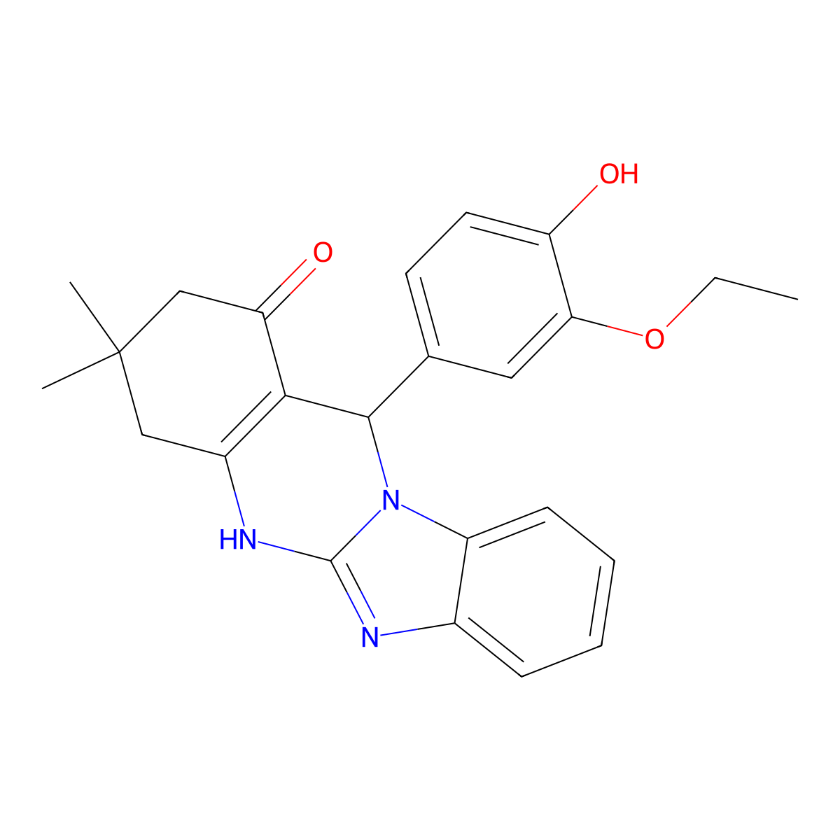 12-(3-ethoxy-4-hydroxyphenyl)-3,3-dimethyl-3,4,5,12-tetrahydrobenzimidazo[2,1-b]quinazolin-1(2H)-one molecular structure, CAS 709000-29-3