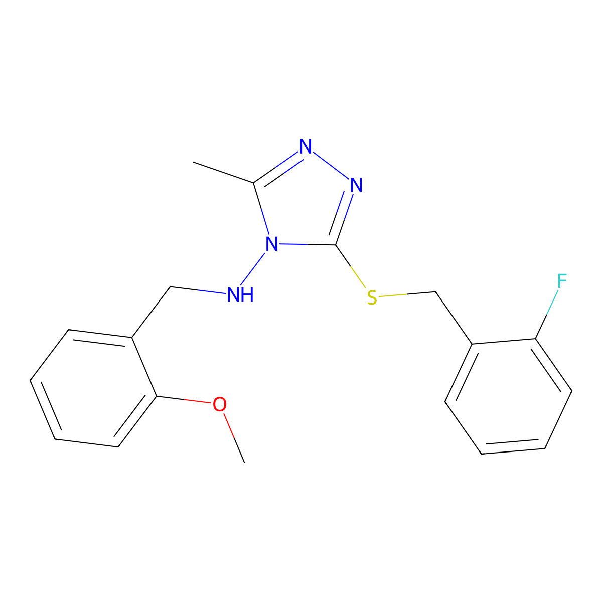 3-[(2-fluorophenyl)methylsulfanyl]-N-[(2-methoxyphenyl)methyl]-5-methyl-1,2,4-triazol-4-amine molecular structure, CAS 709000-54-4
