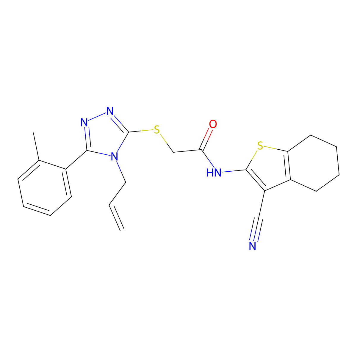 N-(3-cyano-4,5,6,7-tetrahydro-1-benzothiophen-2-yl)-2-[[5-(2-methylphenyl)-4-prop-2-enyl-1,2,4-triazol-3-yl]sulfanyl]acetamide molecular structure, CAS 709000-67-9