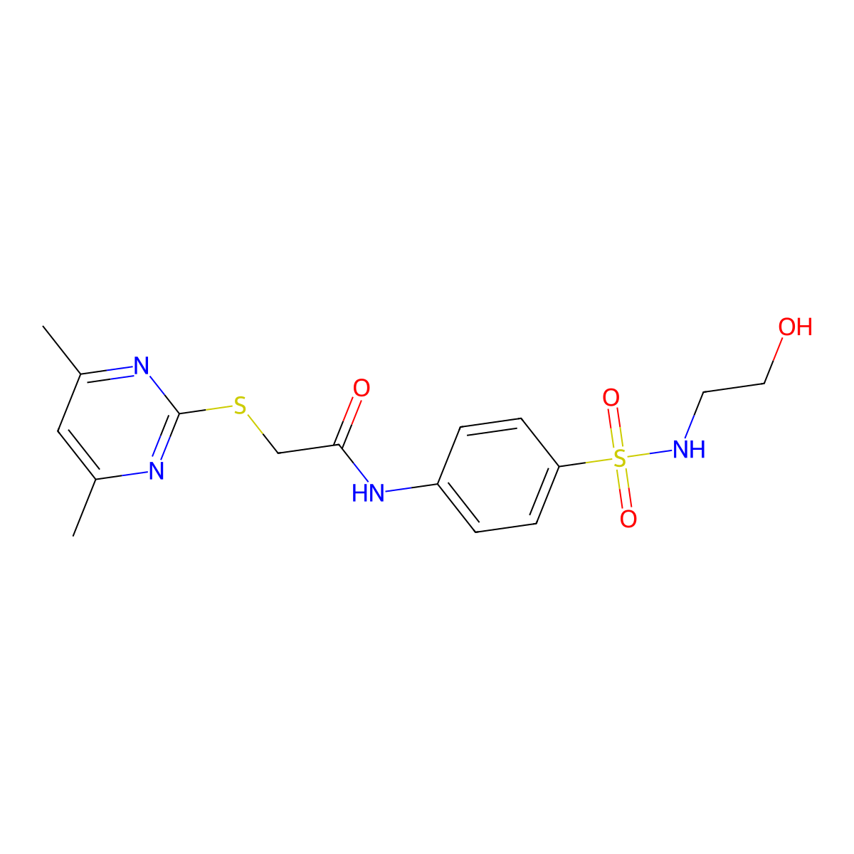2-[(4,6-dimethylpyrimidin-2-yl)sulfanyl]-N-{4-[(2-hydroxyethyl)sulfamoyl]phenyl}acetamide molecular structure, CAS 709001-31-0