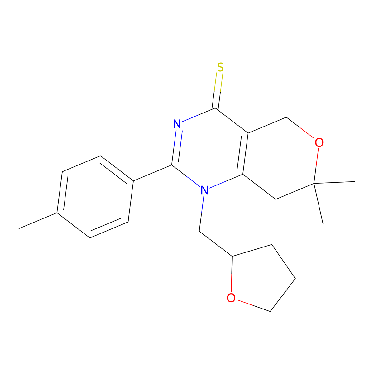 7,7-Dimethyl-2-(4-methylphenyl)-1-(oxolan-2-ylmethyl)-5,8-dihydropyrano[4,3-d]pyrimidine-4-thione molecular structure, CAS 709001-38-7