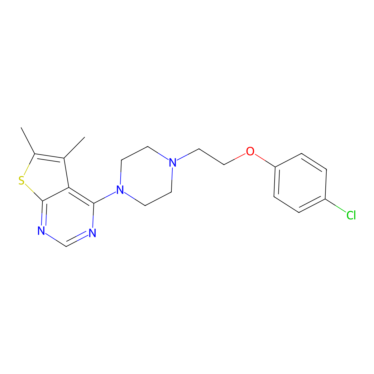 4-{4-[2-(4-Chlorophenoxy)ethyl]-1-piperazinyl}-5,6-dimethylthieno[2,3-d]pyrimidine molecular structure, CAS 709001-42-3