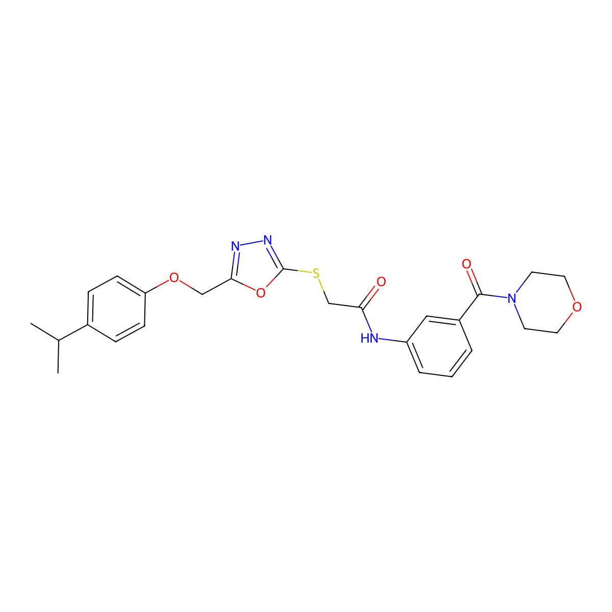 N-[3-(morpholine-4-carbonyl)phenyl]-2-[[5-[(4-propan-2-ylphenoxy)methyl]-1,3,4-oxadiazol-2-yl]sulfanyl]acetamide molecular structure, CAS 709001-47-8