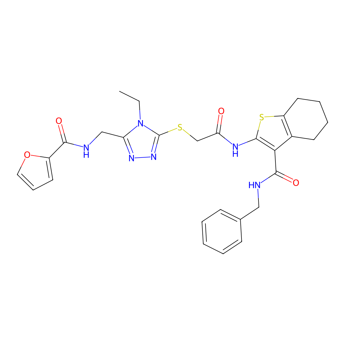 N-benzyl-2-({[(4-ethyl-5-{[(furan-2-ylcarbonyl)amino]methyl}-4H-1,2,4-triazol-3-yl)sulfanyl]acetyl}amino)-4,5,6,7-tetrahydro-1-benzothiophene-3-carboxamide molecular structure, CAS 709001-83-2