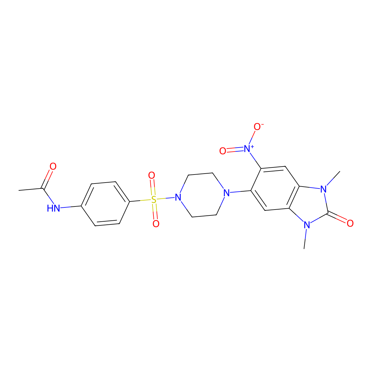 N-[4-[4-(1,3-dimethyl-6-nitro-2-oxobenzimidazol-5-yl)piperazin-1-yl]sulfonylphenyl]acetamide molecular structure, CAS 709001-98-9