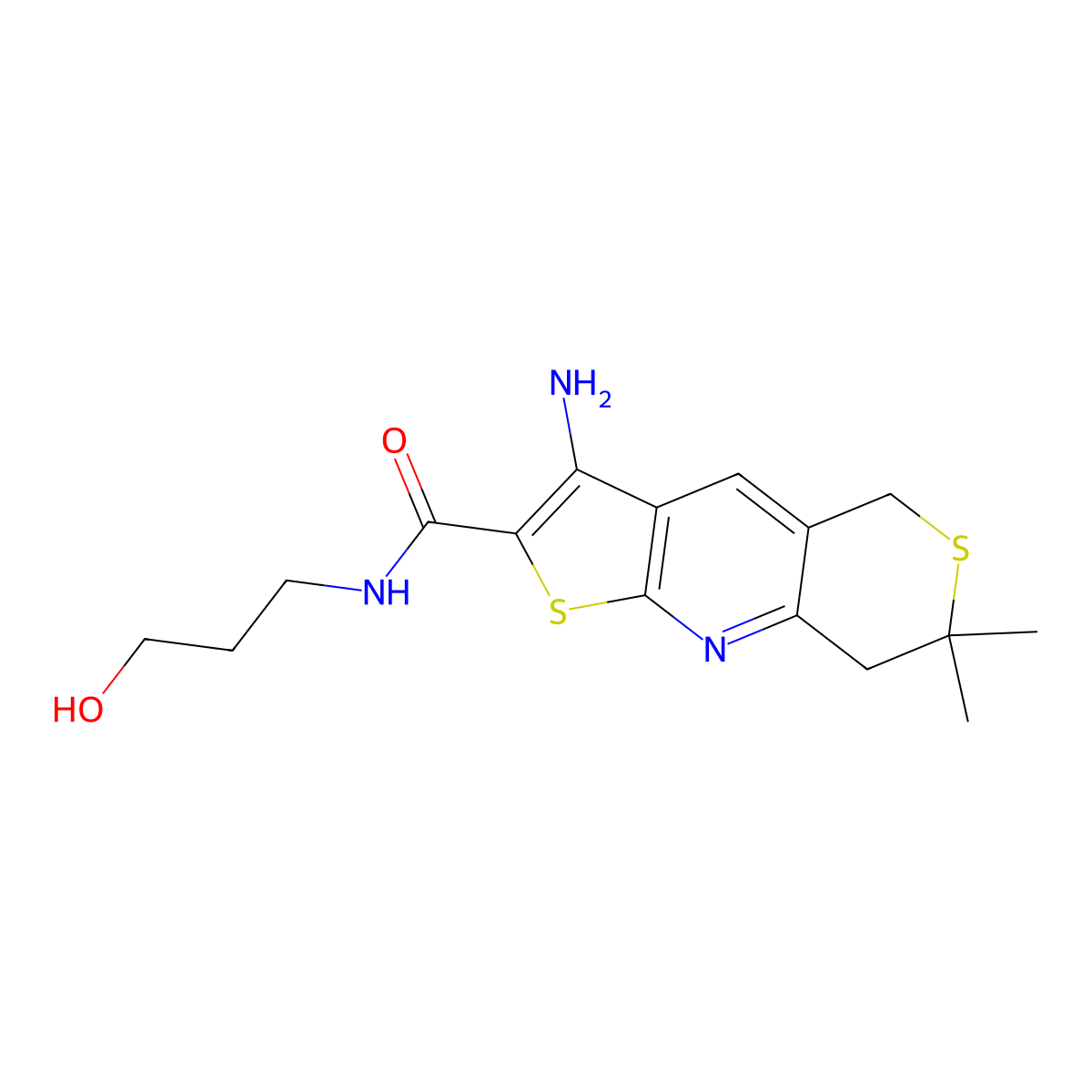 3-amino-N-(3-hydroxypropyl)-7,7-dimethyl-7,8-dihydro-5H-thieno[2,3-b]thiopyrano[3,4-e]pyridine-2-carboxamide molecular structure, CAS 709002-20-0