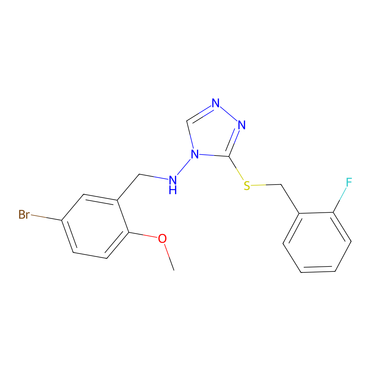 N-[(5-bromo-2-methoxyphenyl)methyl]-3-[(2-fluorophenyl)methylsulfanyl]-1,2,4-triazol-4-amine molecular structure, CAS 709002-31-3