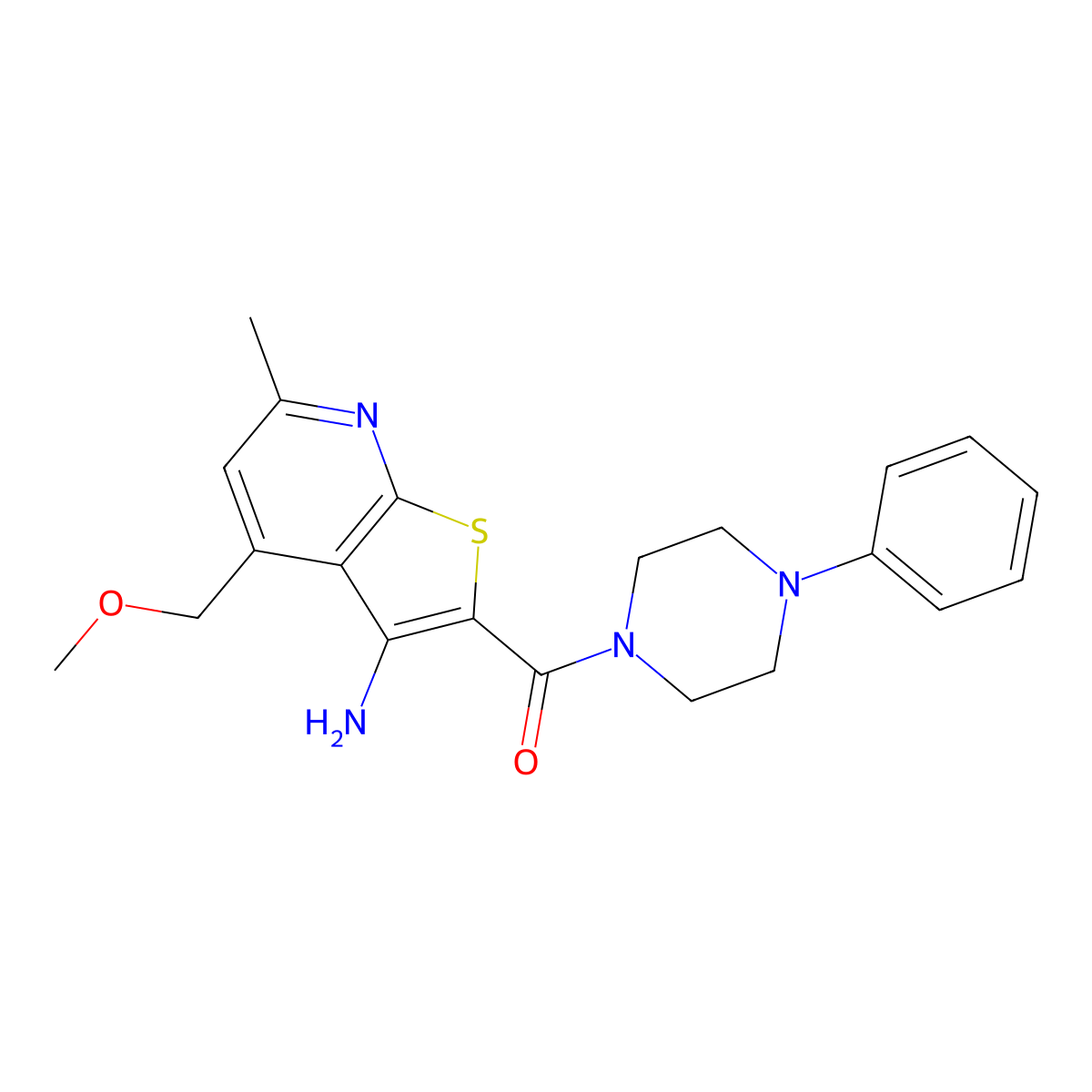 [3-Amino-4-(methoxymethyl)-6-methyl-2-thieno[2,3-b]pyridinyl]-(4-phenyl-1-piperazinyl)methanone molecular structure, CAS 709002-47-1