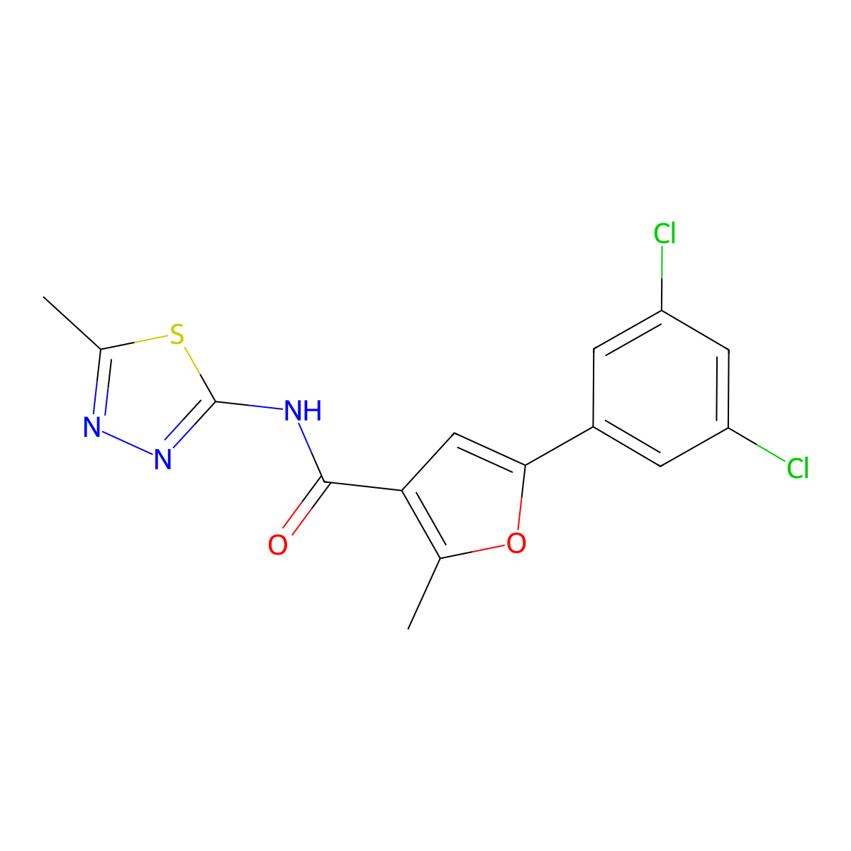 5-(3,5-dichlorophenyl)-2-methyl-N-(5-methyl-1,3,4-thiadiazol-2-yl)furan-3-carboxamide molecular structure, CAS 709003-33-8
