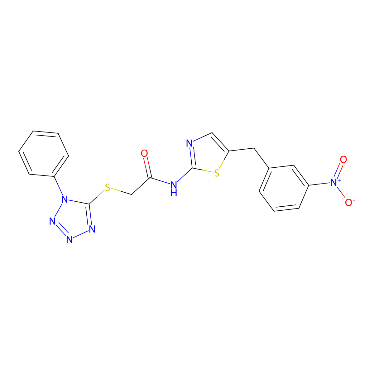 N-[5-[(3-nitrophenyl)methyl]-1,3-thiazol-2-yl]-2-(1-phenyltetrazol-5-yl)sulfanylacetamide molecular structure, CAS 709003-36-1
