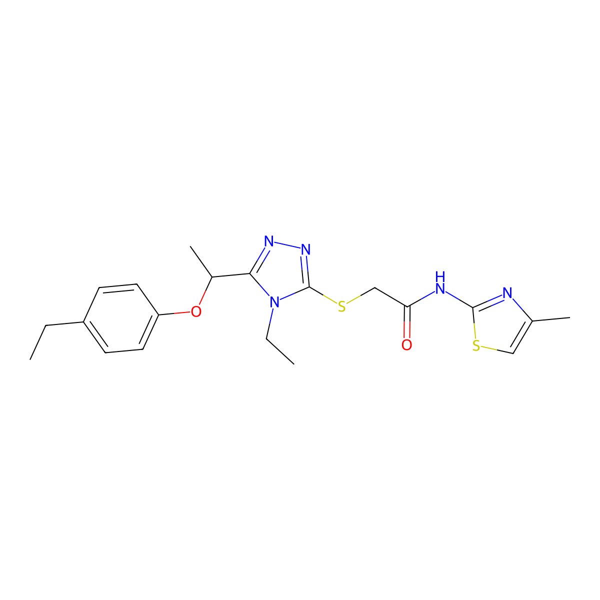 2-[[4-ethyl-5-[1-(4-ethylphenoxy)ethyl]-1,2,4-triazol-3-yl]sulfanyl]-N-(4-methyl-1,3-thiazol-2-yl)acetamide molecular structure, CAS 709003-79-2