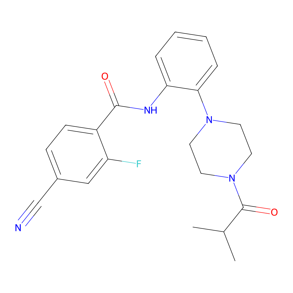 4-cyano-2-fluoro-N-[2-[4-(2-methylpropanoyl)piperazin-1-yl]phenyl]benzamide molecular structure, CAS 709004-52-4