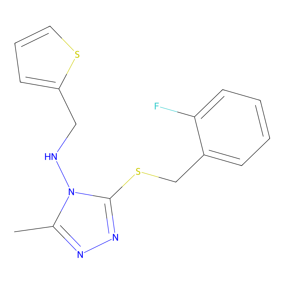 3-[(2-fluorophenyl)methylsulfanyl]-5-methyl-N-(thiophen-2-ylmethyl)-1,2,4-triazol-4-amine molecular structure, CAS 709005-49-2
