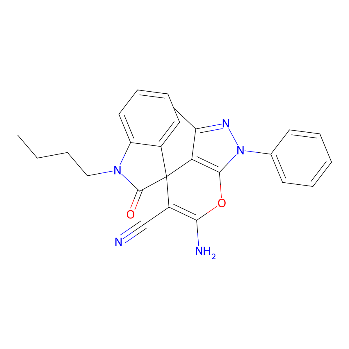 6'-Amino-1-butyl-3'-methyl-2-oxo-1'-phenylspiro[indole-3,4'-pyrano[2,3-c]pyrazole]-5'-carbonitrile molecular structure, CAS 709006-49-5