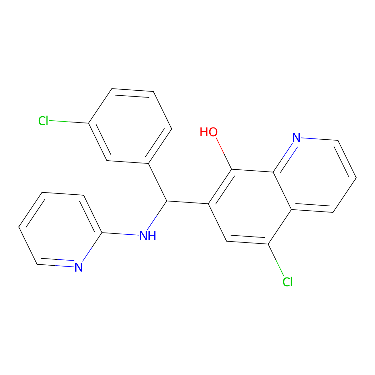5-Chloro-7-((3-chlorophenyl)(pyridin-2-ylamino)methyl)quinolin-8-ol molecular structure, CAS 709009-15-4