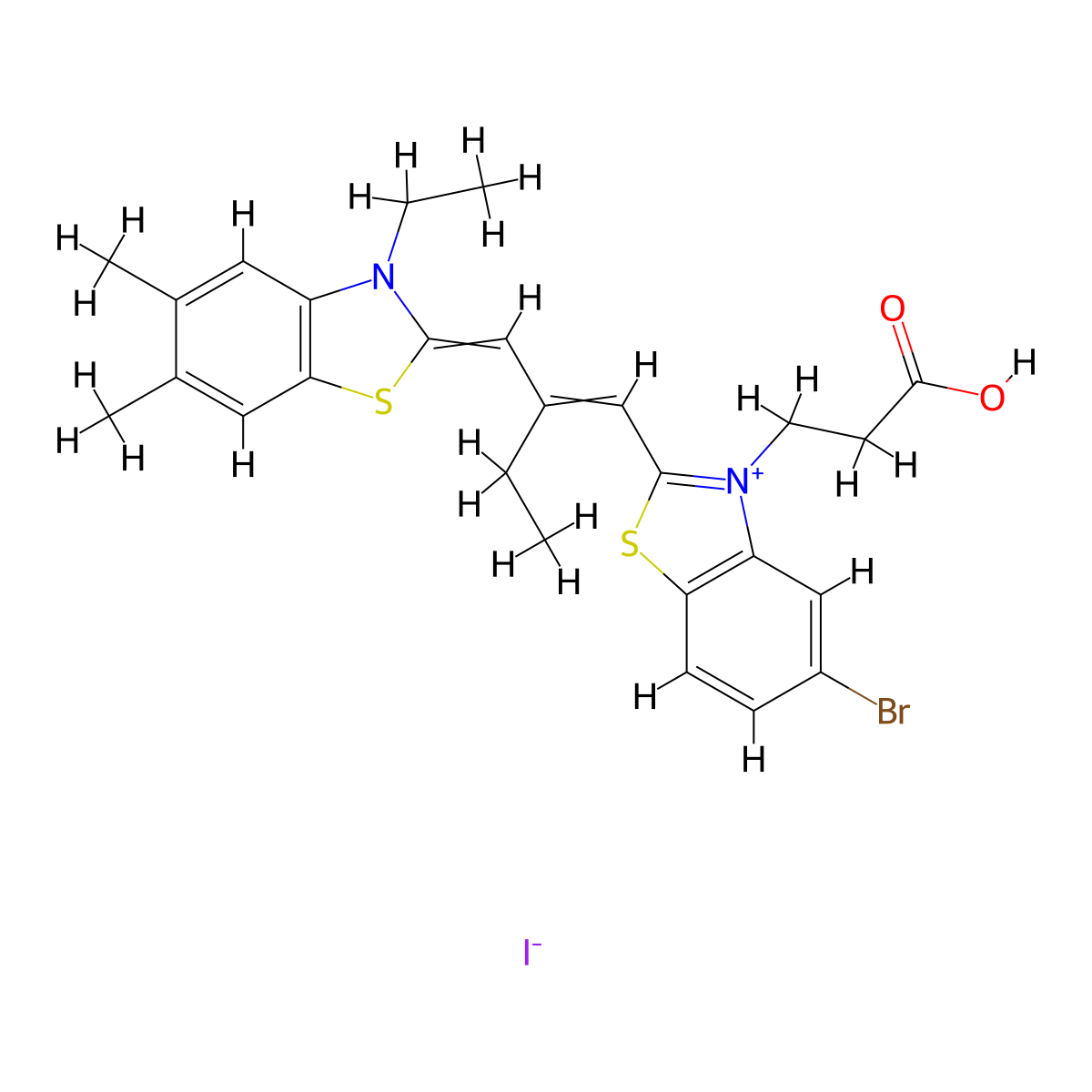 Benzothiazolium, 2-[2-[[5-bromo-3-(2-carboxyethyl)-2(3H)-benzothiazolylidene]methyl]-1-buten-1-yl]-3-ethyl-5,6-dimethyl-, iodide (1:1) molecular structure, CAS 70942-27-7