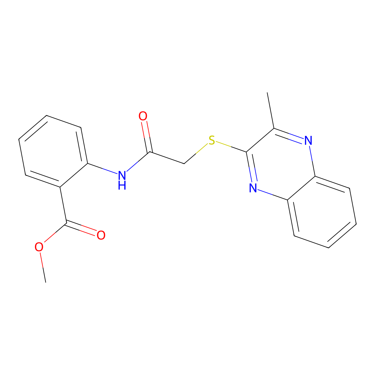 Methyl 2-(2-((3-methylquinoxalin-2-yl)thio)acetamido)benzoate molecular structure, CAS 709616-96-6