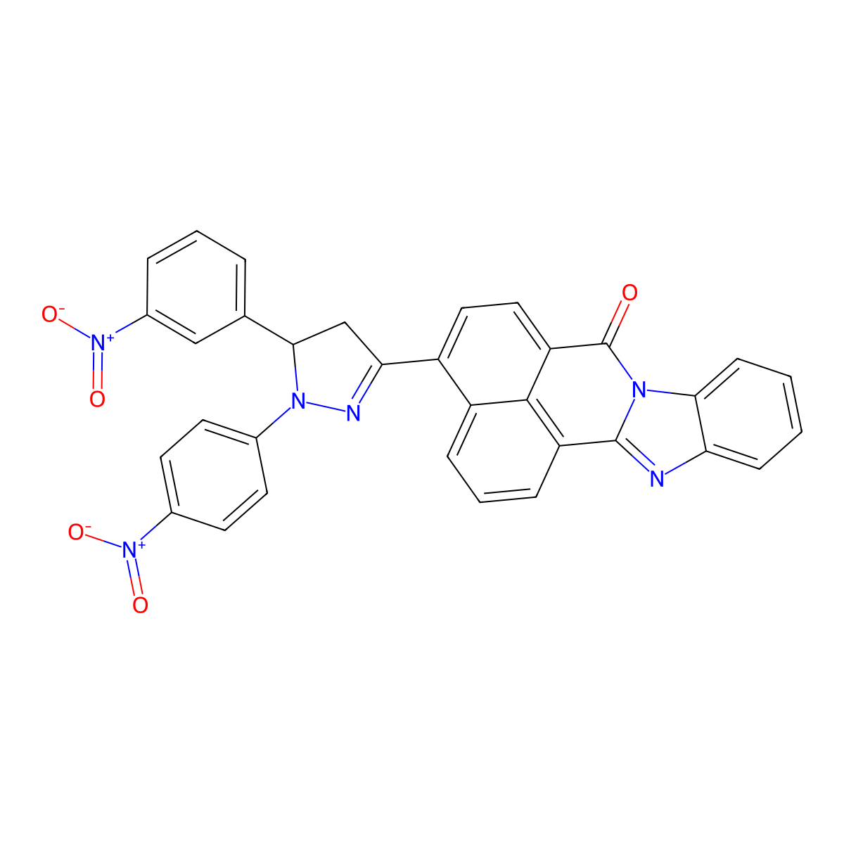 7H-Benzimidazo[2,1-a]benz[de]isoquinolin-7-one, 4-[4,5-dihydro-5-(3-nitrophenyl)-1-(4-nitrophenyl)-1H-pyrazol-3-yl]- molecular structure, CAS 709619-31-8
