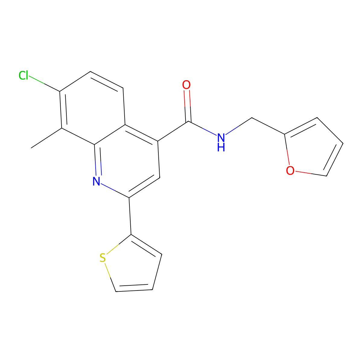 7-chloro-N-(furan-2-ylmethyl)-8-methyl-2-thiophen-2-ylquinoline-4-carboxamide molecular structure, CAS 709622-00-4