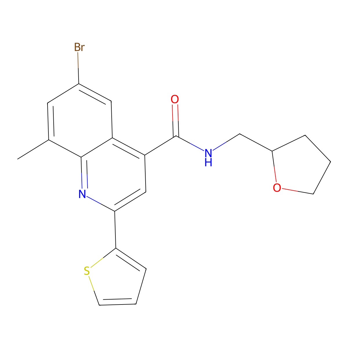 6-bromo-8-methyl-N-(oxolan-2-ylmethyl)-2-thiophen-2-ylquinoline-4-carboxamide molecular structure, CAS 709622-21-9