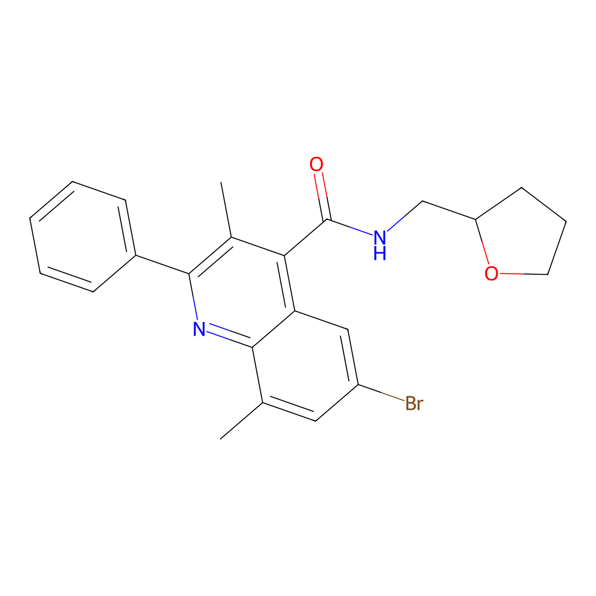 6-bromo-3,8-dimethyl-N-(oxolan-2-ylmethyl)-2-phenylquinoline-4-carboxamide molecular structure, CAS 709624-68-0